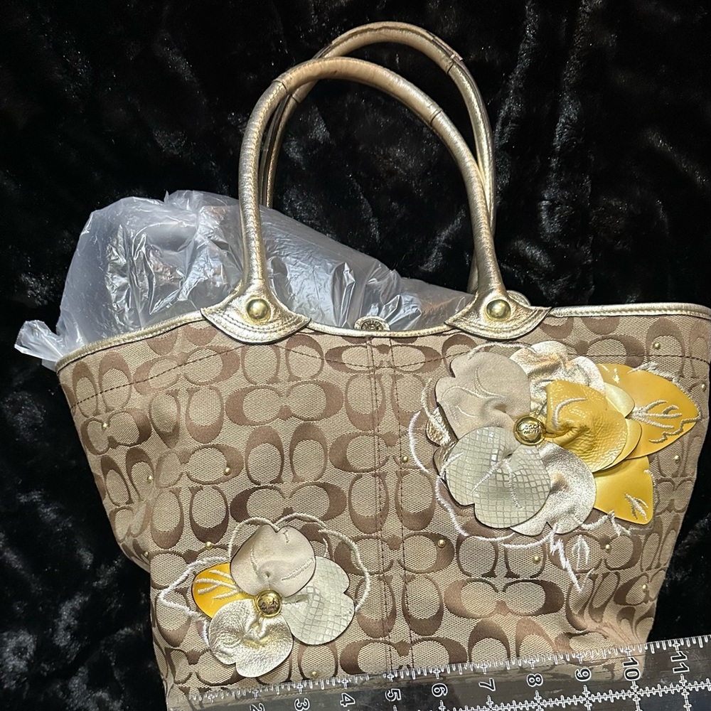 Elegant Floral Brown and Gold Coach Tote Bag